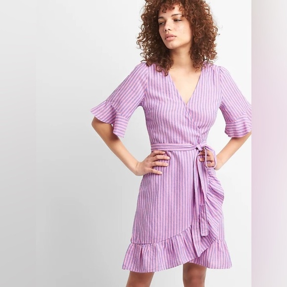 Gap Pink Striped Linen Blend Ruffle Wrap Dress Size Small NEW - Picture 1 of 8